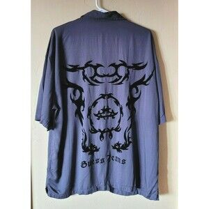 Vintage Guess Men's XL Gray Shirt Button Front Back Felt Spell Out Retro Biker